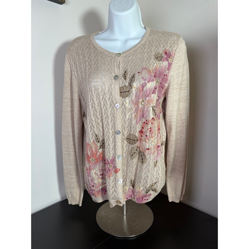 Alfred Dunner Petite Tan Floral Pointelle Sequin‎ Beaded Cardigan Sweater PS
